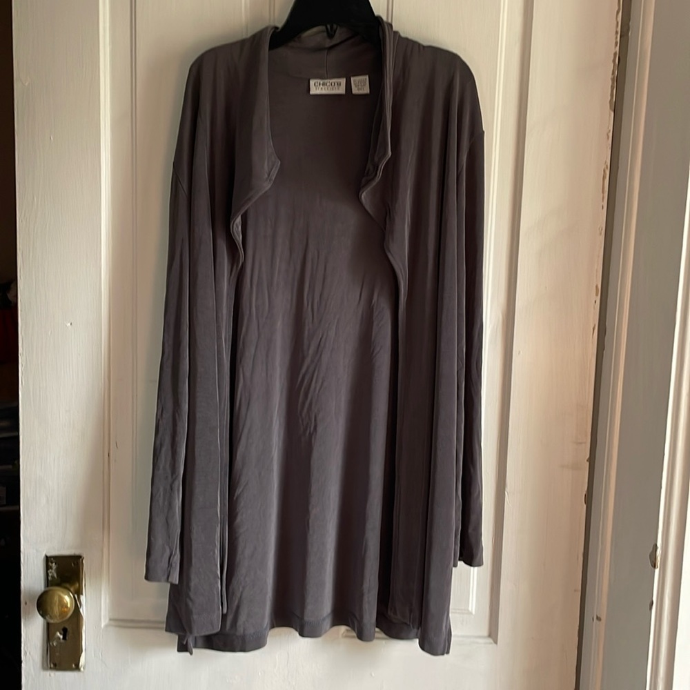 Chico’s Travelers Grey Open Front Collared cardigan sz L